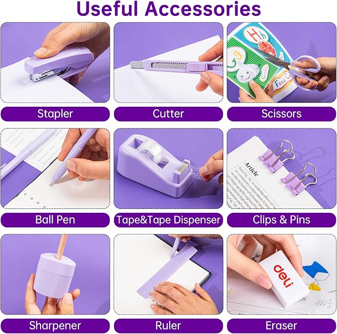 deli Office Supplies Set, Desk Accessory Organizer Kit, Purple | Stationary Set, Desk Supplies with Rotating Multi-Functional Pen Holder &Stapler Set for Office, School, Home - Image 5