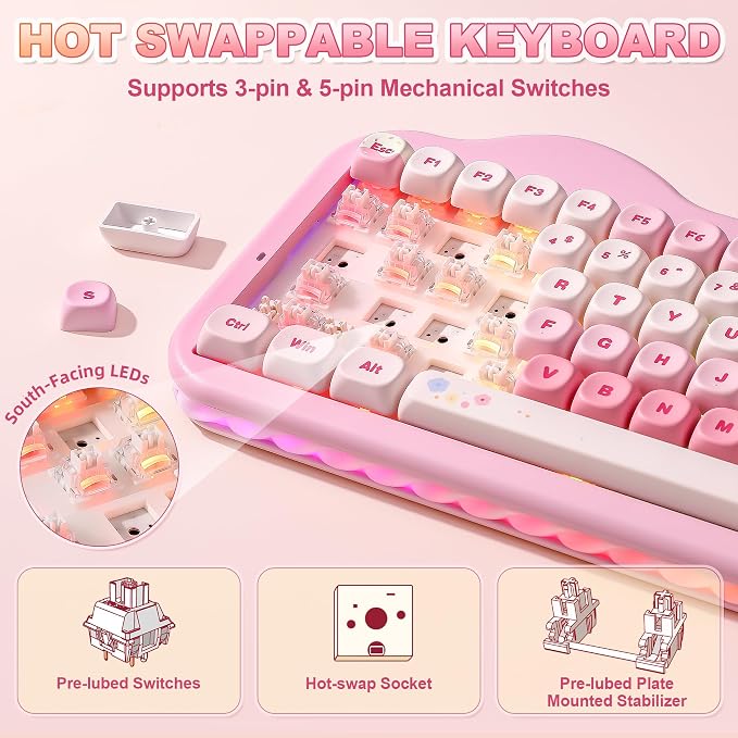 YUNZII C75 Cute 75% Wireless Mechanical Keyboard (Pink, Milk Switch) | Creamy Cake Keyboard, BT5.0/2.4G/USB-C, Hot-Swap, NKRO, PBT MOA Keycaps,5500mAh RGB Gasket Mount for Mac/Win/Gaming/Office - Image 5