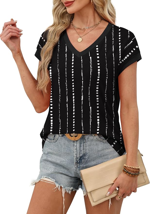 WIHOLL Womens Summer Tops 2026 Cap Short Sleeve Shirs V Neck T Shirts Fashion Beach Vacation Clothes Color Block - Image 4