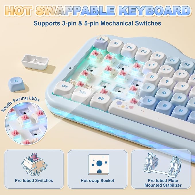 YUNZII C75 Cute 75% Wireless Mechanical Keyboard (Blue, Candy Switch) | Creamy Cake Keyboard, BT5.0/2.4G/USB-C, Hot-Swap, NKRO, PBT MOA Keycaps,5500mAh RGB Gasket Mount for Mac/Win/Gaming/Office - Image 5