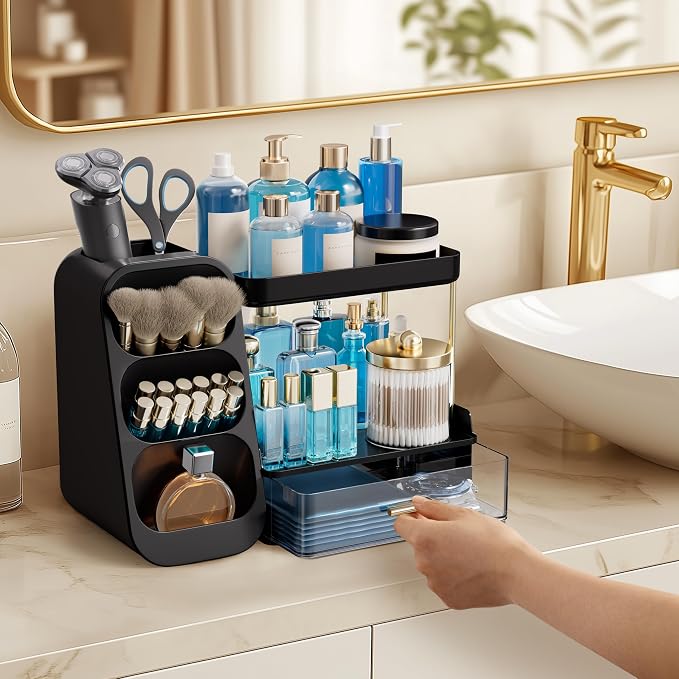 HBlife Bathroom Organizers and Storage with Brush Holder for Vanity, 3 Tier Plastic Makeup Organizer for Dresser Counter, Skincare, Lipstick, Perfume, and Cosmetic Storage, Black - Image 5