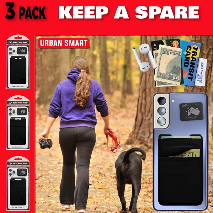 Gecko Travel Tech Double Pocket - Adhesive Card Holder - Cell Phone Pouch - Stick on Spandex Pocket - Carry Credit Cards and Cash (3 PACK - -BLANK- BLACK) - Image 7