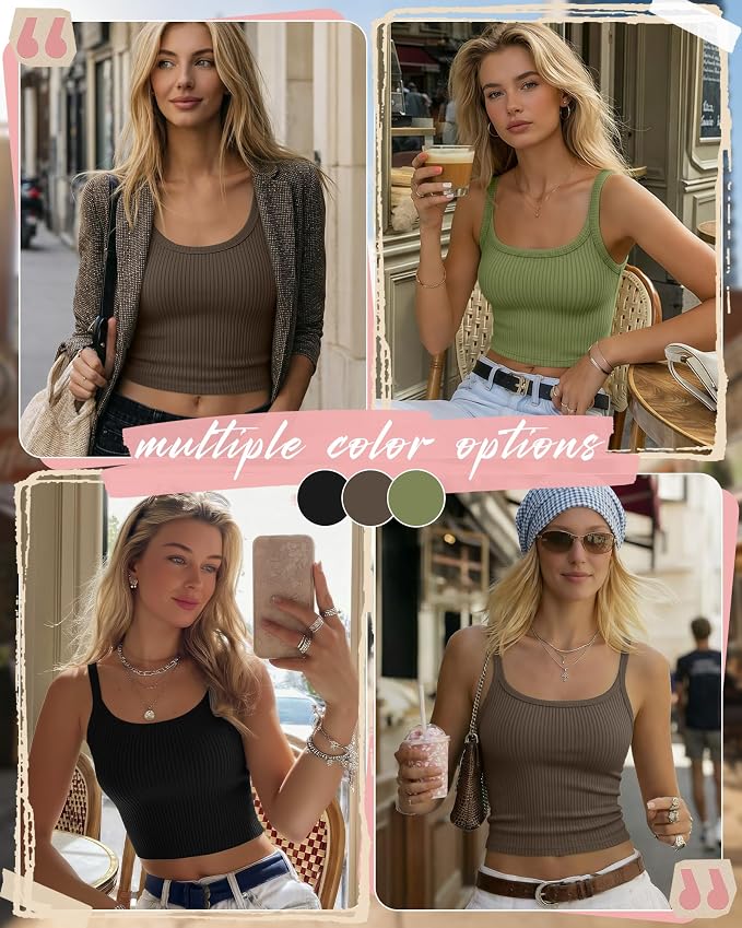 Ficerd 3 Pack Women's Tank Tops 95% Cotton Spaghetti Strap Ribbed Crop Camisole Slim Fitted Basic Summer Sleeveless Layer - Image 2