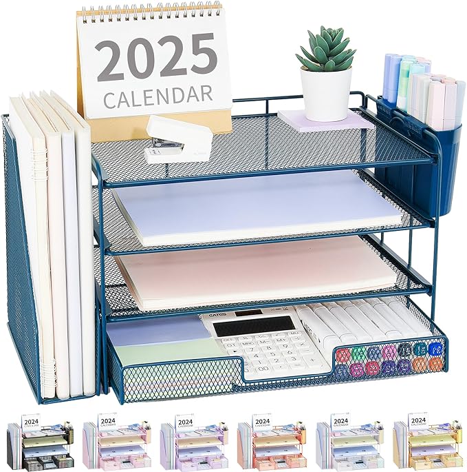 OPNICE Desk Organizer, 4-Tier Desktop File Organizer with Drawer and Pen Holders, Office Desk Accessories, File Sorters, Workspace Organizers for Office Supplies(Dark Blue) by OPNICE