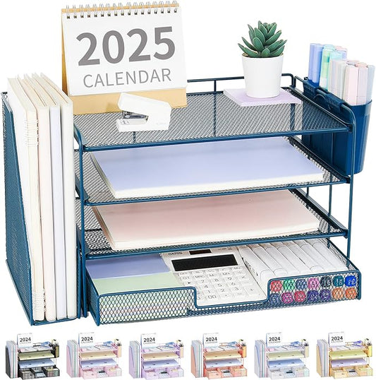 OPNICE Desk Organizer, 4-Tier Desktop File Organizer with Drawer and Pen Holders, Office Desk Accessories, File Sorters, Workspace Organizers for Office Supplies(Dark Blue) by OPNICE