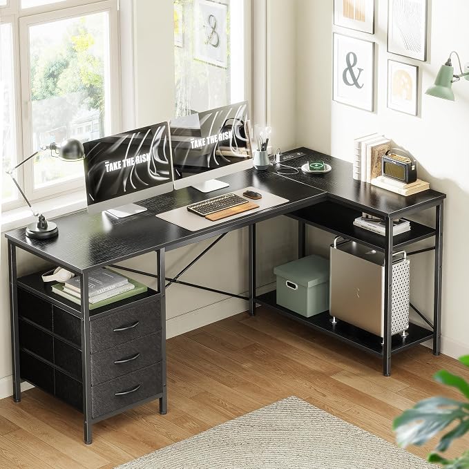 Huuger L Shaped Office Desk with Power Outlets, 55 Inch Computer Desk with 3 Drawers, Shelves, Reverisble for Gaming Corner Work Home Office Study, Black - Image 2