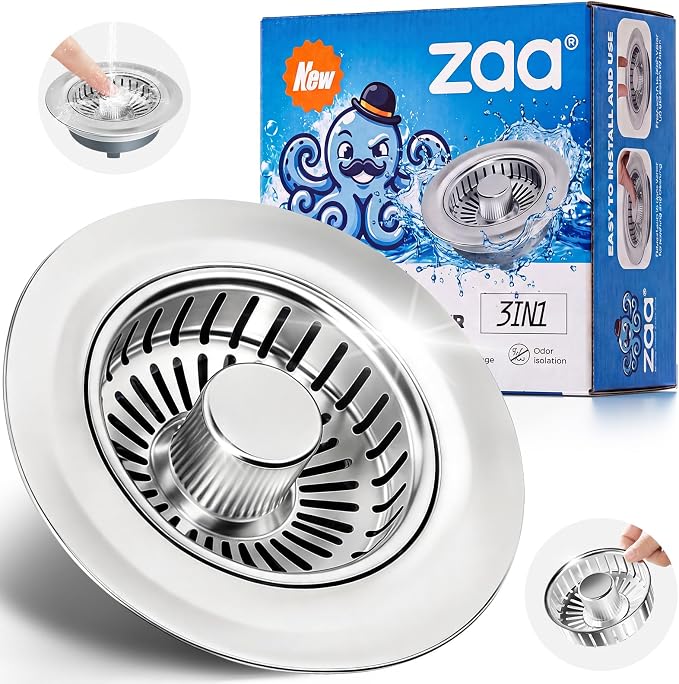 zaa 3 in 1 Kitchen Sink Drain Strainer Stopper Removable Basket Pop-Up | Kitchen Sink Accessories 1 Pack Brushed Silver Stainless - Food Catcher, Odor-Blocking Seal, Fits 3.5" Drain by zaa