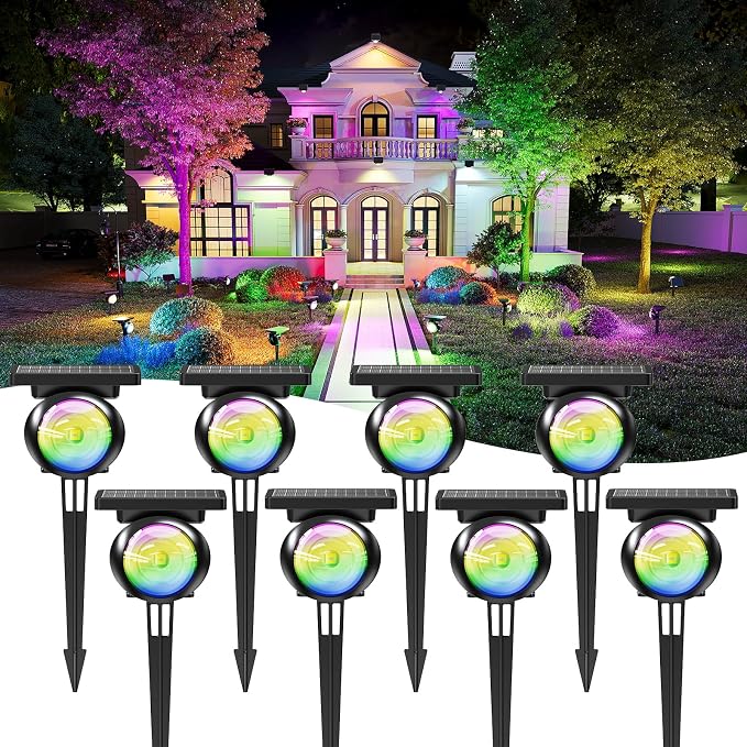 Focusing Solar Spot Lights Outdoor Waterproof, RGB+3CCT Tree Uplights 8Pack | Multicolor Focused Lens Spotlight, Dusk-to-dawn Light, Stake or Wall Mounting for Yard Landscape Garden Path Halloween Decor by Unknown