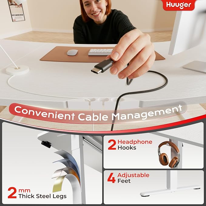 Huuger 63 X 24 Inch Electric Standing Desk with Power Outlets and USB-C Port, Height Adjustable Desk, Sit Stand Desk for Home Office, Computer & Gaming Desk with 4 Presets, Stable Steel Frame, White - Image 6