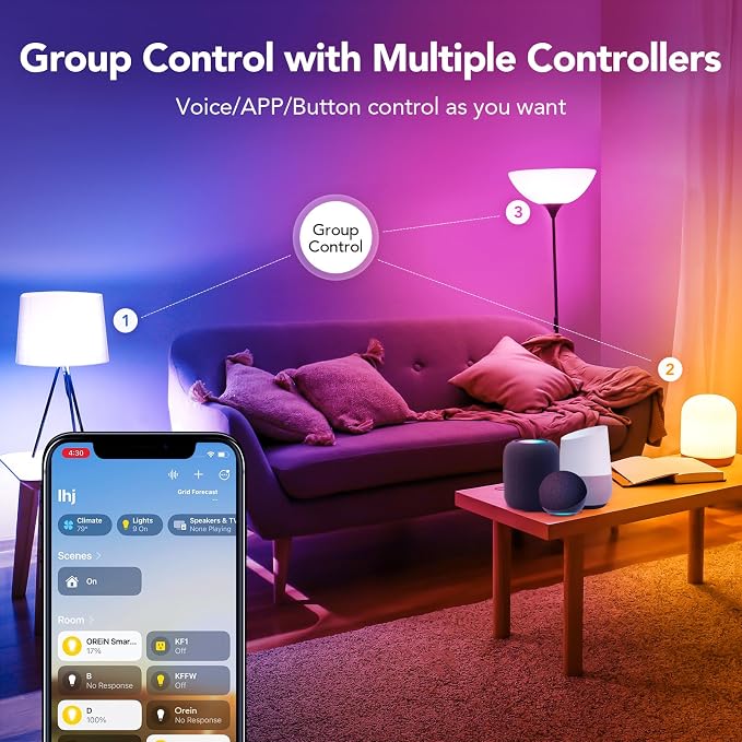OREiN Matter Smart Light Bulb, Smart Light Bulbs with Remote Control Work with Apple Home, Alexa, Google Home, SmartThings, Color Changing Light Bulbs 2.4Ghz WiFi, 800 Lumens Equivalent 60W 6Pack - Image 7