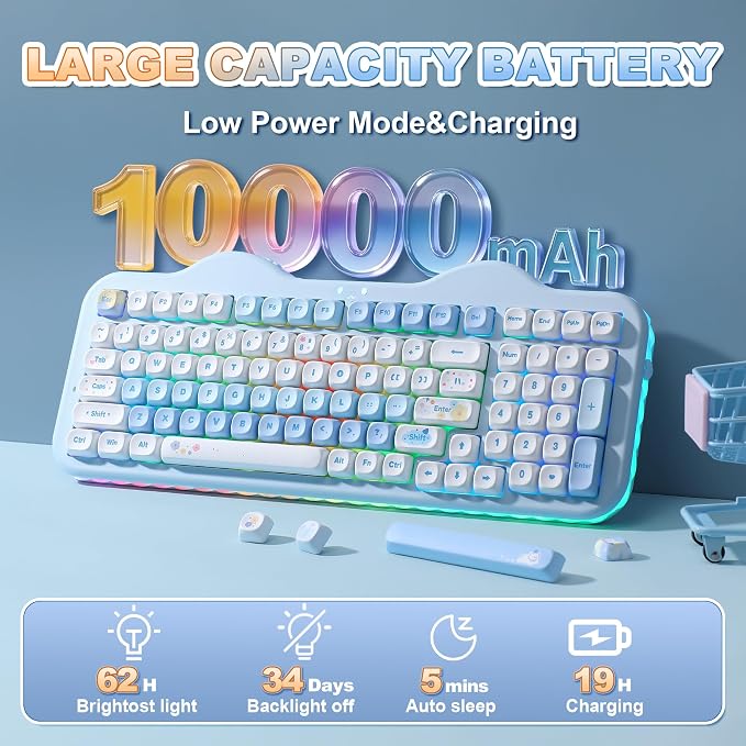 YUNZII C98 Cute Cake Wireless Mechanical Keyboard(Blue, Candy Switch) | 99 Keys with Number Pad, Hot Swap, PBT MOA Keycaps, BT5.0/2.4G/USB-C, Gasket Mount, Custom RGB Backlit for Win/Mac - Image 6