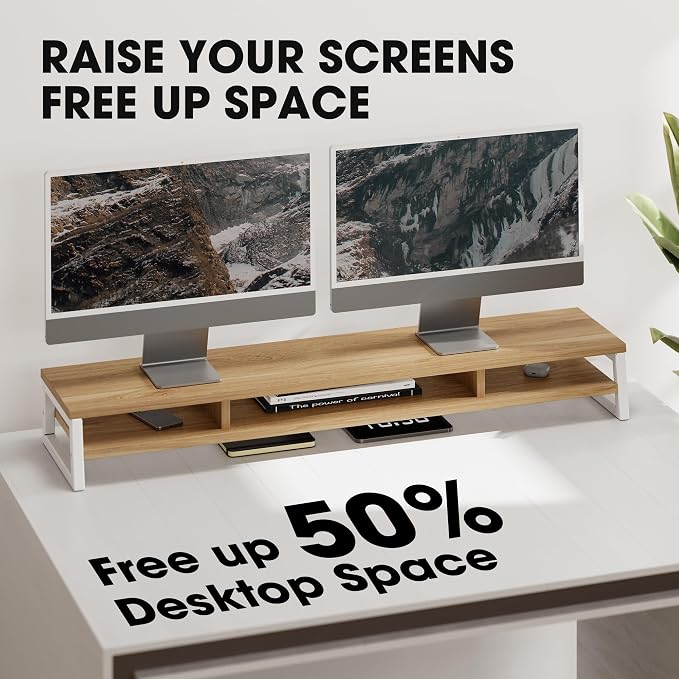 Fenge Dual Monitor Stand for Desk, 42.5in Large Monitor Riser for 2 Monitors, 2 Tier Computer Office Desk Top Shelf, Desktop Storage Stand for Laptop, PC, Computer, Printer - Image 4