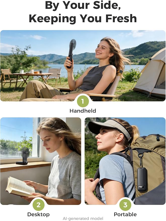 Aecooly Slim Portable Fan with Digital Display, Thin Handheld Fan, USB Rechargeable Mini Personal [24H Max Cooling Time], Battery Powered Small Foldable Pocket Gifts for Women, Travel, Summer -Black - Image 3
