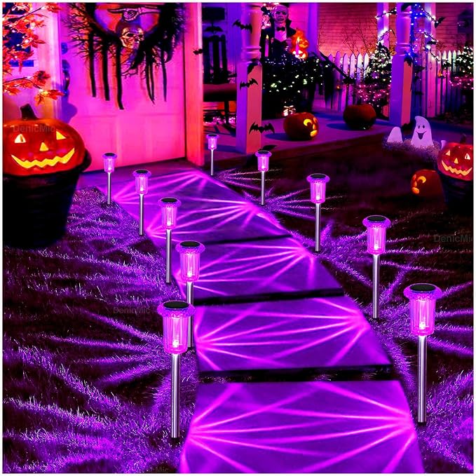 DenicMic Solar Halloween Lights Outdoor Waterproof 10 Pack Halloween Decor | Stake Lights for Yard Pathway Garden Walkway Driveway Patio Lawn, Auto On/Off Purple LED Halloween Decorations Outdoor - Image 8