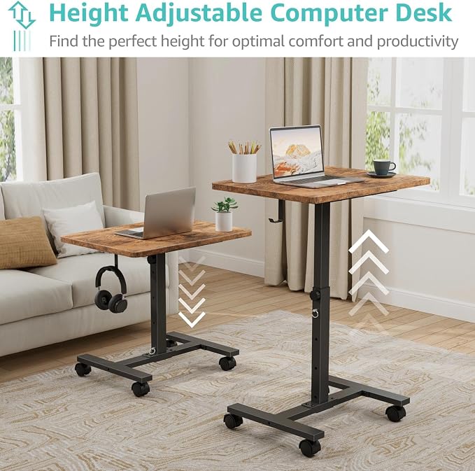 WINAZ Small Portable Laptop Rolling Desk - 24 Inch Mobile Computer Desk Adjustable Height on Wheels for Small Spaces, Couch Kids Desks End Side Table, Teacher Podium for Classroom, Rustic Brown - Image 4