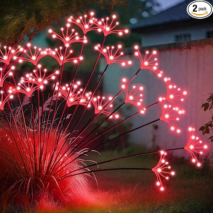 JJGoo Solar Garden Lights, New Upgraded 2 Pack Solar Swaying Starburst Light, Waterproof Fireworks Outdoor Lights, Yard Patio Pathway Decoration, Red by JJGoo
