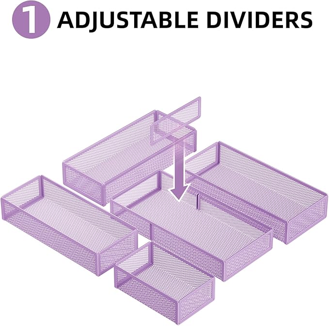 Marbrasse 5 Pack Desk Drawer Organizer Set, Mesh Drawer Storage Trays with 1 Adjustable Divider, Desk Organizers and Accessories, 5 PCS Drawer for Office Supplies, Makeup & Vanity (Purple) - Image 4