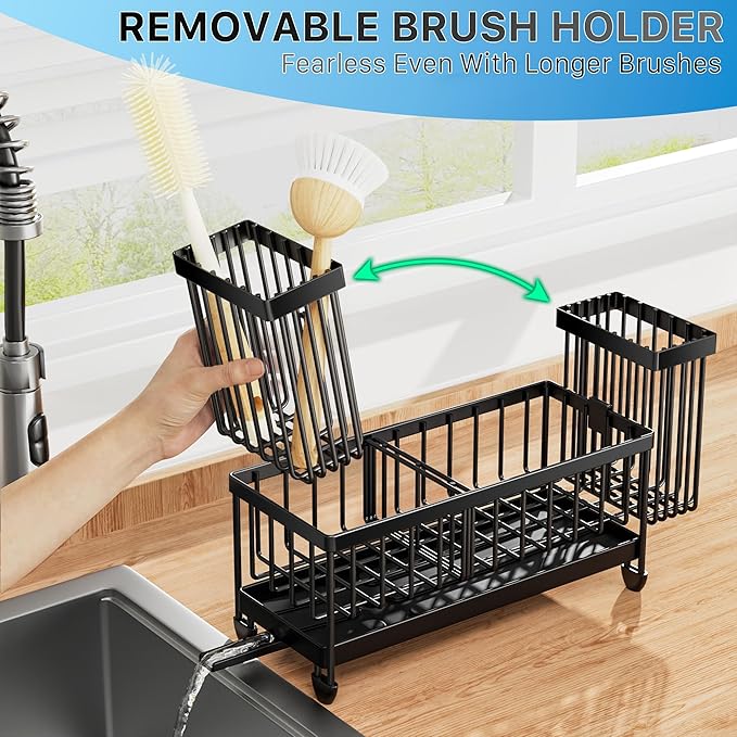 Cisily Sponge Holder for Kitchen Sink, Sink Caddy Organizer with High Brush Holder, Kitchen Countertop Organizers and Storage Essentials, Rustproof 304 Stainless Steel (Black, 9.25″) - Image 3