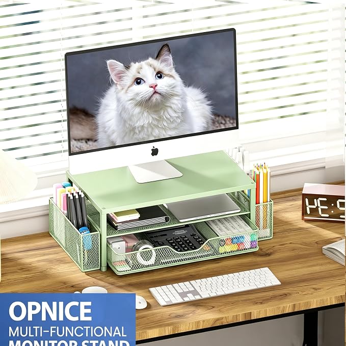OPNICE Desk Organizers and Accessories, 2-Tier Computer Monitor Stand Riser with Drawer and 2 Pen Holders, Laptop Stand, Office Desk Accessories for Office Supplies, Green - Image 3