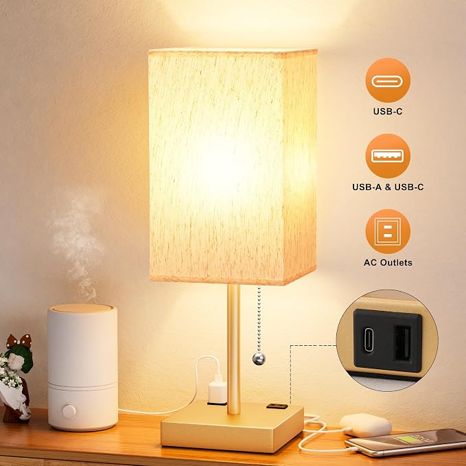 Gold Bedside Lamp for Bedroom - 3 Color Temperatures, USB A+C, 2 AC Outlets | Pull Chain Switch, LED Bulb Included, Cream Fabric Shade, 17.4" Table Lamp for Nightstand, Desk, Living Room, Office - Image 4