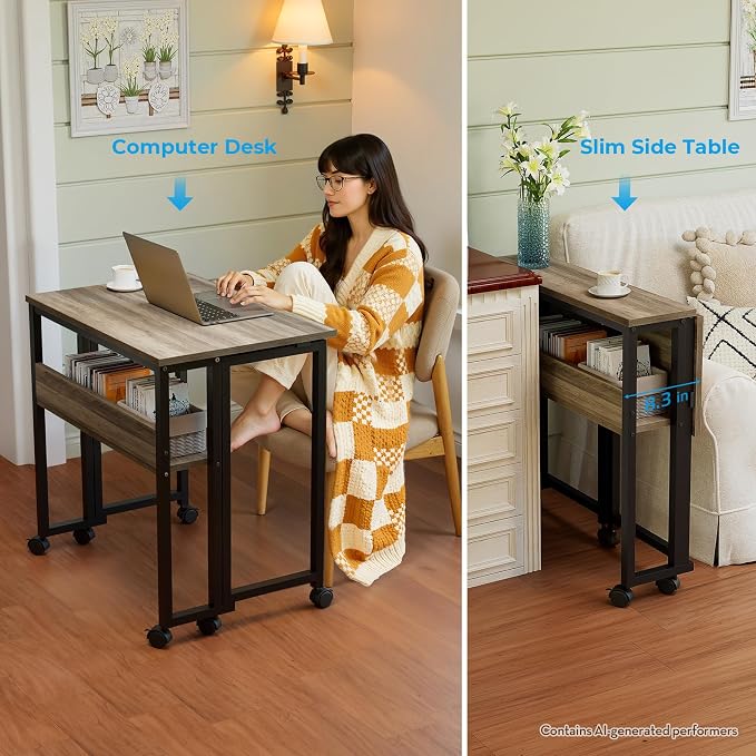 GreenForest Folding Desk with Wheels, 31.5" Rolling Table for Small Spaces | Storage Shelf, Lockable Casters, Compact Portable Workstation, Space-Saving Foldable Sofa Table, Home Office, Mobile, Grey - Image 6