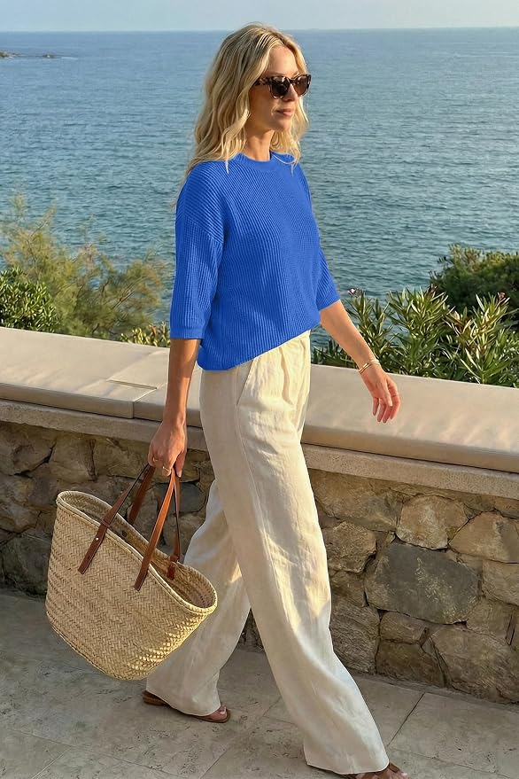 Arach&Cloz Womens Summer 100% Cotton Oversized Crochet Tops 3/4 Length Sleeve Sweater Hollow Out Casual Blouses 2026 - Image 5