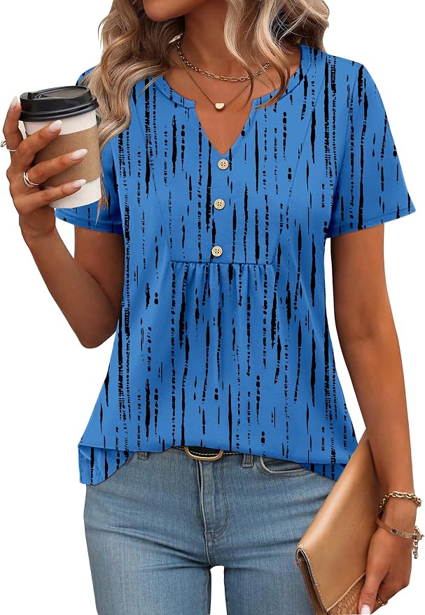 Zeagoo Womens Short Sleeve Tops Summer Henley V-Neck Tshirts Casual Pleated Blouse Dressy Loose Floral Basic Tee - Image 2