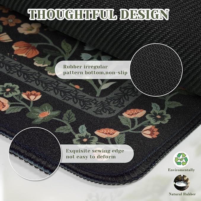 iCasso Aesthetic Floral Desk Mat,Retro Mouse Pads,31.5x11.8in, Black | Anti-Slip Mousepad with Stitched Edges, Waterproof Computer Pad, Desk Accessories Office Decor for Women - Image 4