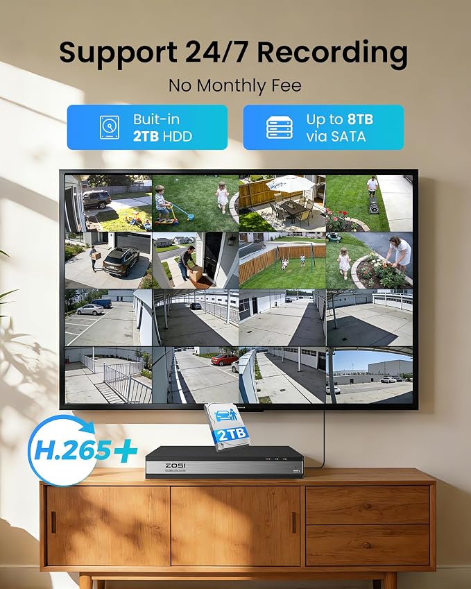 ZOSI 3K Lite 16 Channel Security Camera System with AI Human/Vehicle Detection, 16pcs 2MP Wired Indoor Outdoor CCTV Cameras, Night Vision, 16CH DVR with 2TB HDD for 24/7 Recording, No Monthly Fees - Image 3