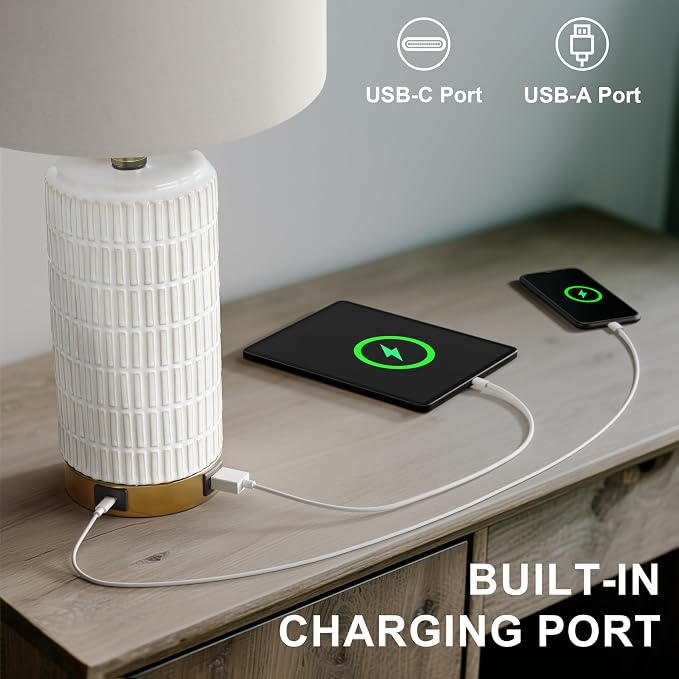 PoKat Small Bedside Table Lamps with USB Ports for Bedroom, 21.5'' White Nightstand Lamps for Night Stands, Modern Ceramic Bedroom Lamps for Living Room End Table, White and Beige - Image 2