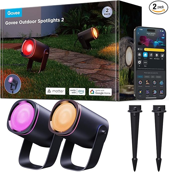Govee Outdoor Spot Lights 2, IP67 Waterproof Spotlights, RGBWIC, 2 Pack | Landscape Lights Work with Matter, Alexa, and Google Assistant, Color Changing Ourdoor Light for Patio, Yard, Garden by Unknown