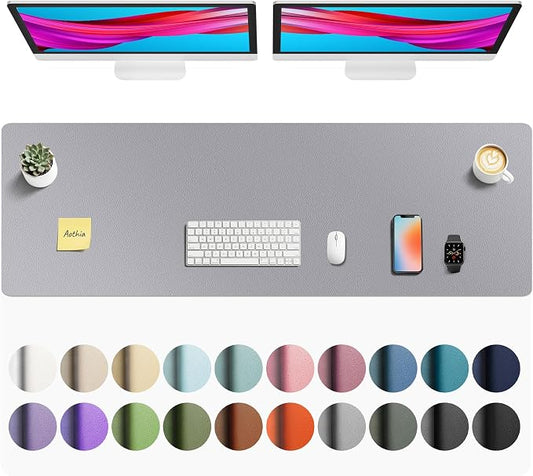 Aothia Faux Leather Desk Mat - Non-Slip PU Leather Desk Blotter, Waterproof Writing Surface, Large Desk Pad for Office & Home (Light Grey, 55" x 17") by AothiaSimpleNaturalUnique