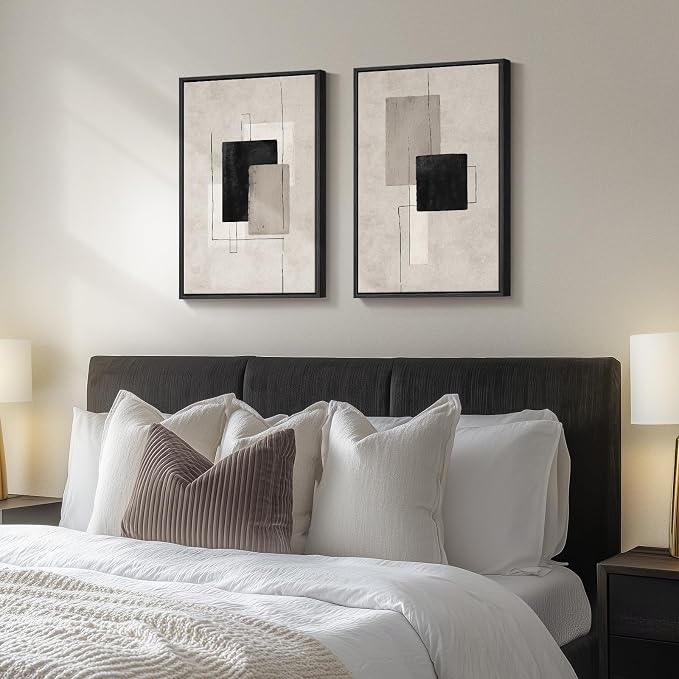 Framed Neutral Abstract Wall Art Set of 2, Black Beige Modern Canvas Prints Paintings Artwork for Walls, Minimalist Block Lines Pictures for Living Room, Dining Room, Bedroom Wall Decor 16x24 In - Image 2