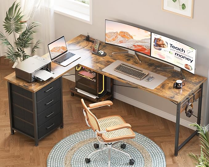 AODK 61" L Shaped Gaming Desk with 4 Drawers and Power Outlets, Vintage | USB Ports, PC Tower Stand, Hooks, Reversible Corner Layout for Gaming Rooms, Bedrooms and Home Office - Image 7