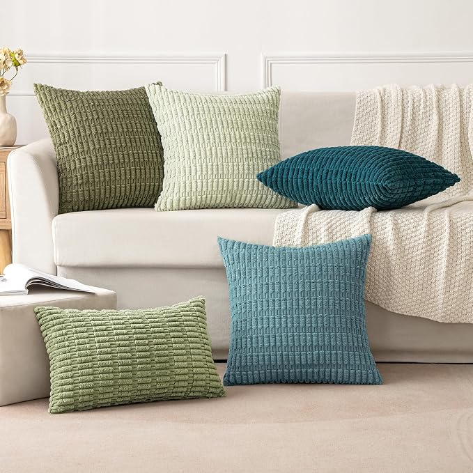 MIULEE Pack of 2 Corduroy Decorative Throw Pillow Covers 18x18 Inch Soft Boho Striped Pillow Covers Modern Farmhouse Home Decor for Summer Coastal Sofa Living Room Couch Bed Coastal Blue - Image 3