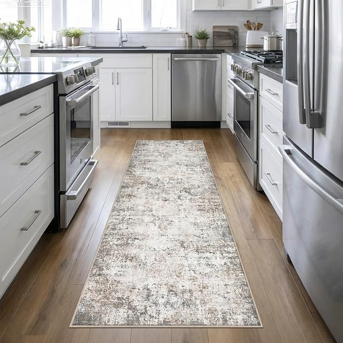 2.6'x10' Runner Rug Washable Rug: Modern Abstract Soft Thin Runner Rug Brown Grey by FXRHLP