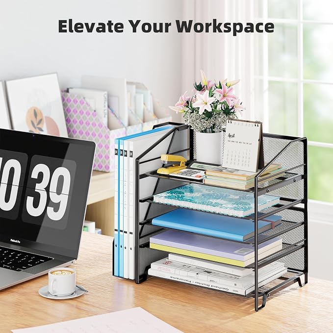 Simple Trending 5-Tier Desk File Organizer, Paper Organizer, Black | Adjustable Letter Trays, Side File Shelf，Durable Steel Mesh, Space Saving, for Home Office, 15.4"L x 9"W x 13"H - Image 2
