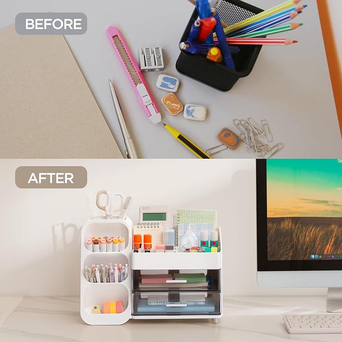 HBlife Desk Organizer with Pen Pencil Holder for Desk, Pen Organizer with 2 Drawers, Desk Organizers and Accessories with 4 Compartments, Desktop Storage for Office Home School Art Supplies, White - Image 6