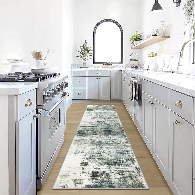 2'6''x8' Runner Rugs Washable Rug: Modern Abstract Hallway Runner Rug Indoor Soft Low Pile Thin Carpet Anti-Skid Non-Shedding Carpets for Kitchen, Entryway, Laundry, Bedroom - Green Multi by GENTDRIZZ