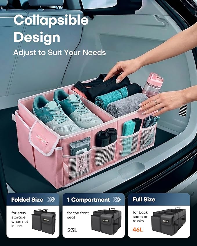 HOTOR Trunk Organizer for Car - Car Organizer, Foldable Trunk organizer for SUVs & Sedans, Sturdy Organization for Car Accessories, Tools, Sundries, Pink, 2 Compartments, 21.3"×12.6"×10.6" - Image 5