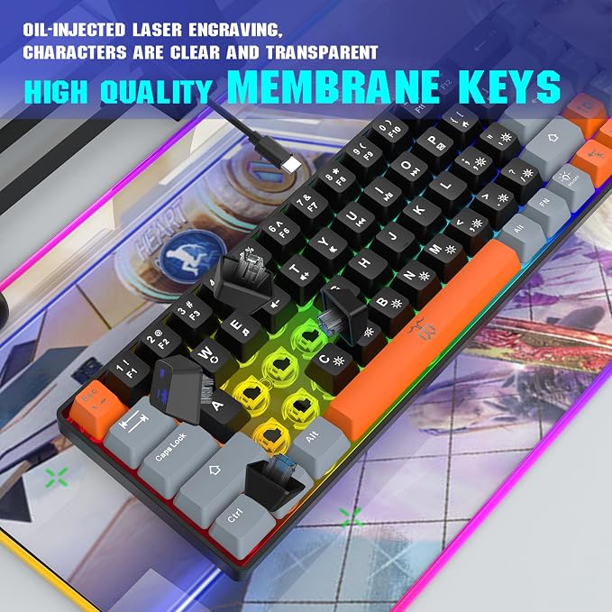 Snpurdiri 60% Percent Gaming Keyboard (68 Keys, Black-Grey-Orange) | Compact RGB Backlit Small Gaming Keyboard for Windows, PC, Laptop - Image 4