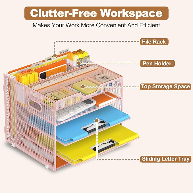 Docnest 5 Tier Desk Organizer with Hanging File Folder Holder&Tray, Pink | Features 3 detachable pen holders and 4 removable dividers.Versatile mesh desktop storage for mail, document,office supplie - Image 4