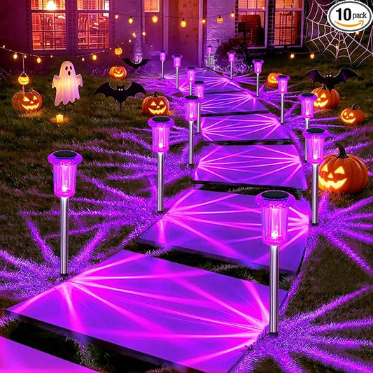 DenicMic Solar Halloween Lights Outdoor Waterproof 10 Pack Halloween Decor | Stake Lights for Yard Pathway Garden Walkway Driveway Patio Lawn, Auto On/Off Purple LED Halloween Decorations Outdoor by Denicmic