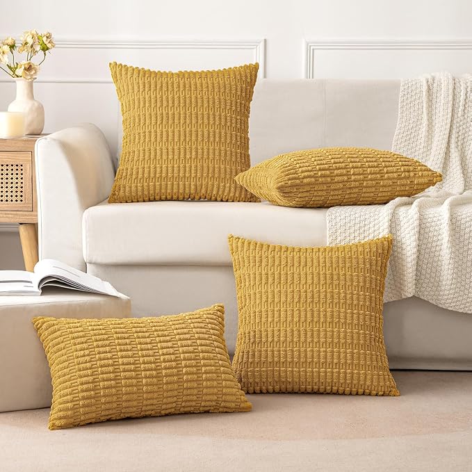 MIULEE Pack of 2 Corduroy Decorative Throw Pillow Covers 20x20 Inch Soft Boho Striped Pillow Covers Modern Farmhouse Home Decor for Summer Sofa Living Room Couch Bed Yellow - Image 5