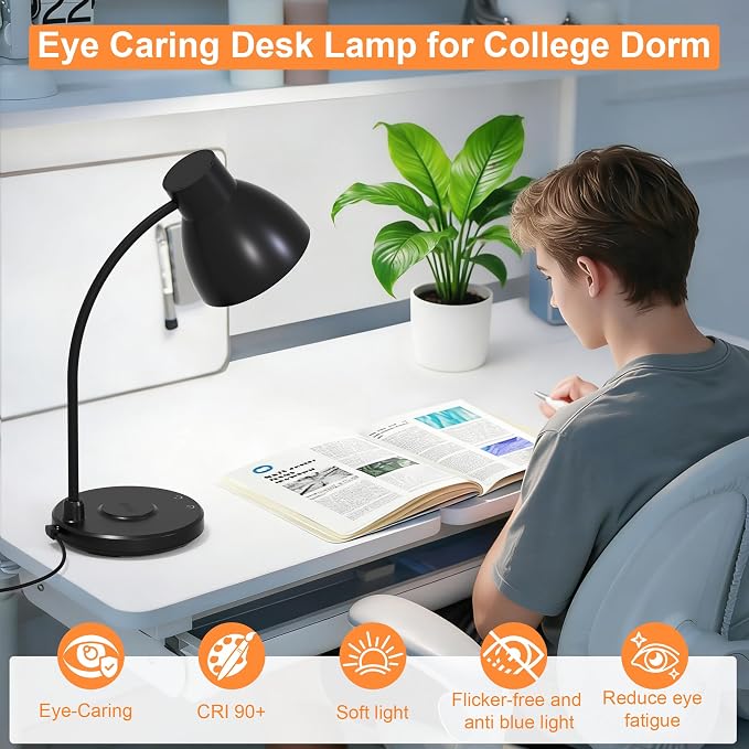 LED Desk Lamp for Home Office with Wireless Charger, Black | 3 Color Modes Dimmable Eye-Caring Study Reading Dorm Desk Lamp, 360° Flexible Arm Table Lamp for College Dorm Room, 800 Lumen - Image 5
