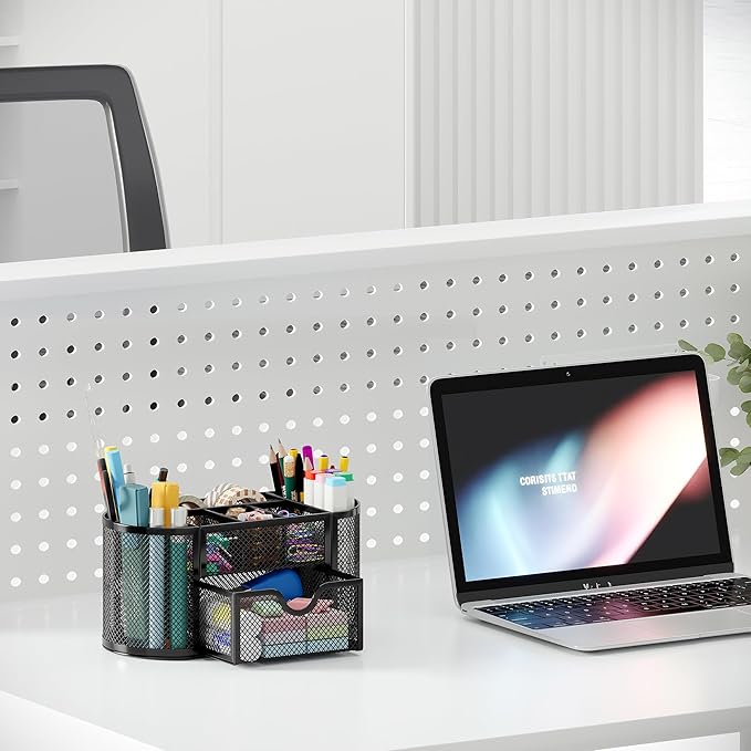 EasyPAG Mesh Pen Holder Desk Organizer with Drawer Stationery Supplies Organizer for Dorm School 9 Compartments Workspace Desk Accessories Organization for Office, Black - Image 6