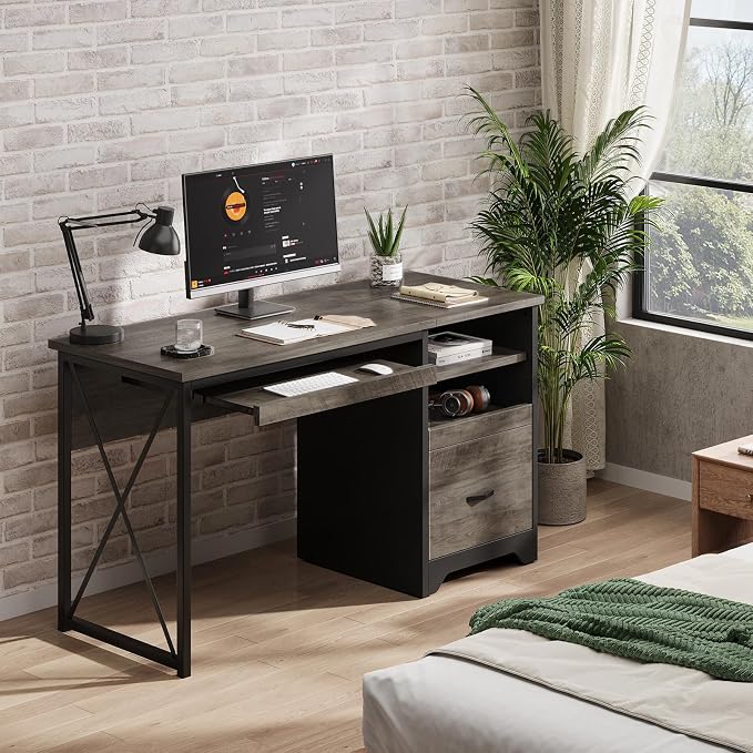 Bestier 47" Office Desk with Drawers, Industrial Computer Desk with Drawer, Reversible Teacher Desk with Storage & Keyboard Tray for Small Space Home Office & Studio, Gray Wash | 47 Inch Desktop With File Drawer, Open Storage, Keyboard Tray And Reversi... - Image 7