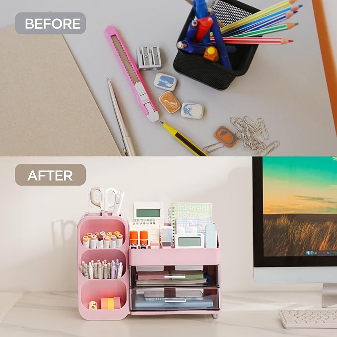 HBlife Desk Organizer with Pen Pencil Holder for Desk, Pen Organizer with 2 Drawers, Desk Organizers and Accessories with 4 Compartments, Desktop Storage for Office Home School Art Supplies, Pink - Image 6