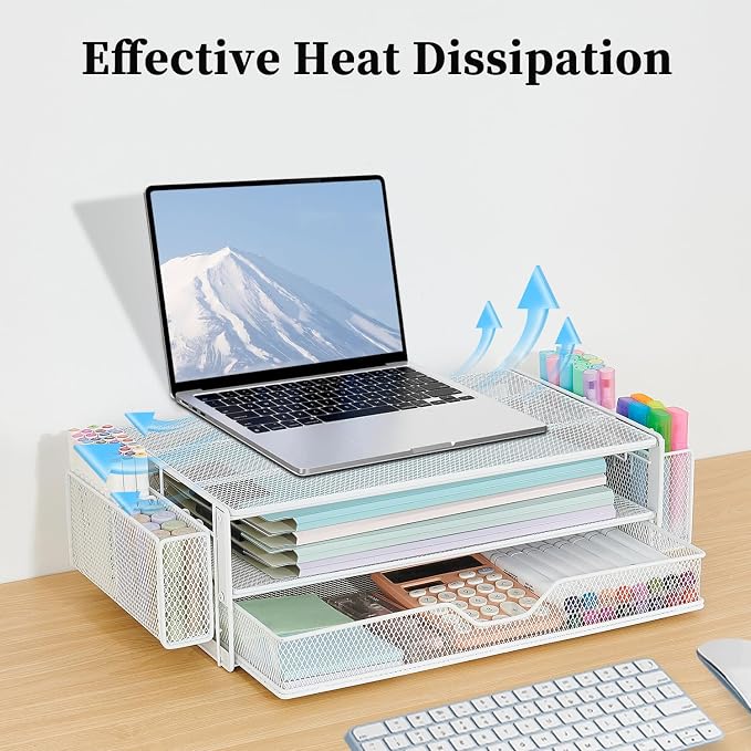 AUPSEN Computer Monitor Stands Riser，2-Tier Desk Organizers and Accessories, Office Desk Accessories Organizer with Drawers and 2 Pen Holder for Office Supplies (White) - Image 6