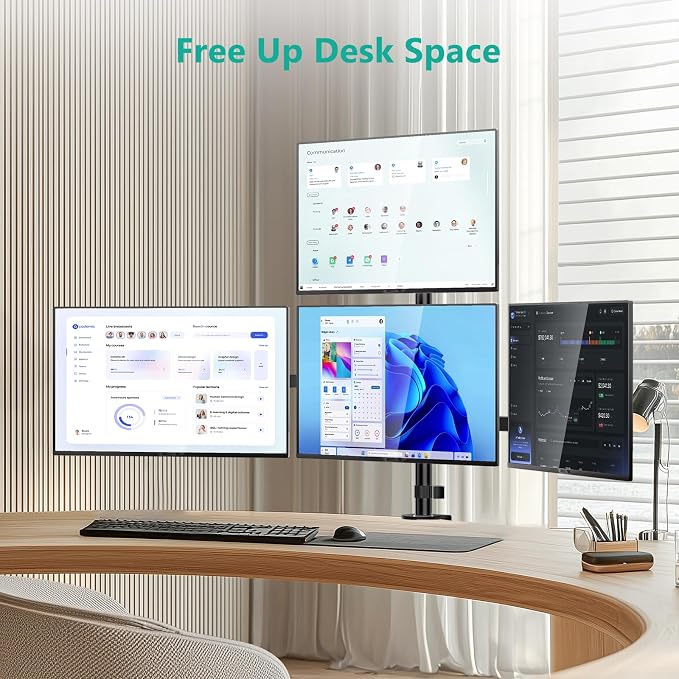 WALI Quad Monitor Mount for 13-27 Inch Screens, Fully Adjustable 4 Monitor Stand with Swivel, Tilt, Rotation, Clamp & Grommet Base Kit, Max Load 22lbs per Screen (M004S), Black - Image 3